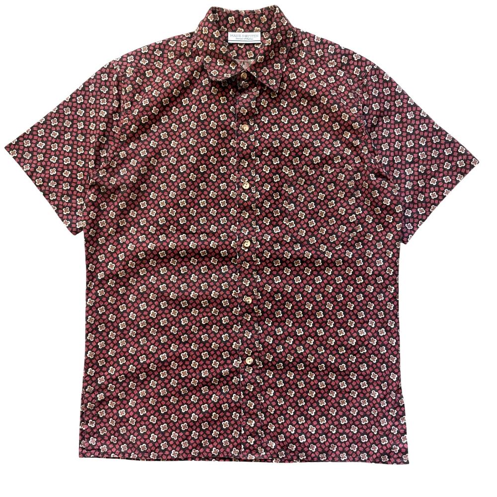 Vintage Mark Raysten Hawaiian Shirt Retro Floral Size L Black Red Wood Button